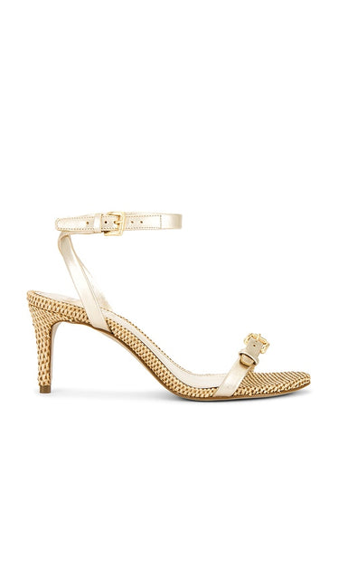 Schutz Aurora Mid Sandal in Metallic Gold | Platina Heeled Sandals for Women