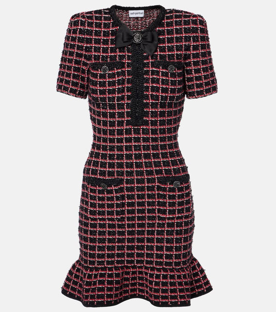 Self-Portrait Checked knitted minidress