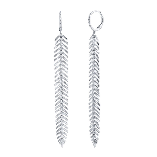 Shy Creation 1 3/8ctw Round Diamond White Gold Feather Drop Earrings