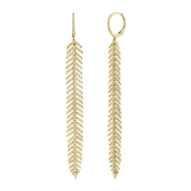 Shy Creation 1 3/8ctw Round Diamond Yellow Gold Feather Drop Earrings