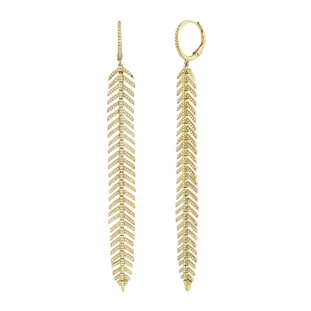 Shy Creation 1 3/8ctw Round Diamond Yellow Gold Feather Drop Earrings