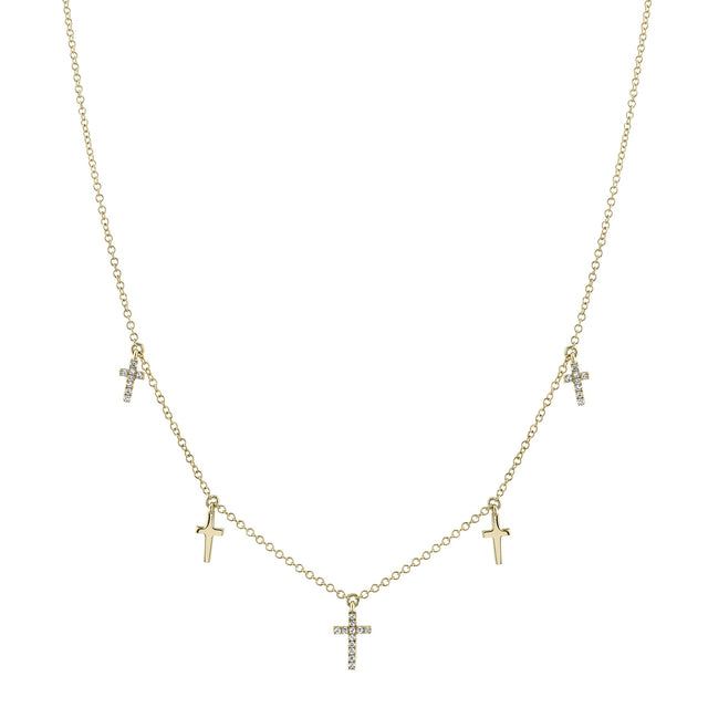 Shy Creation 1/10ctw Diamond Cross Station Yellow Gold Necklace