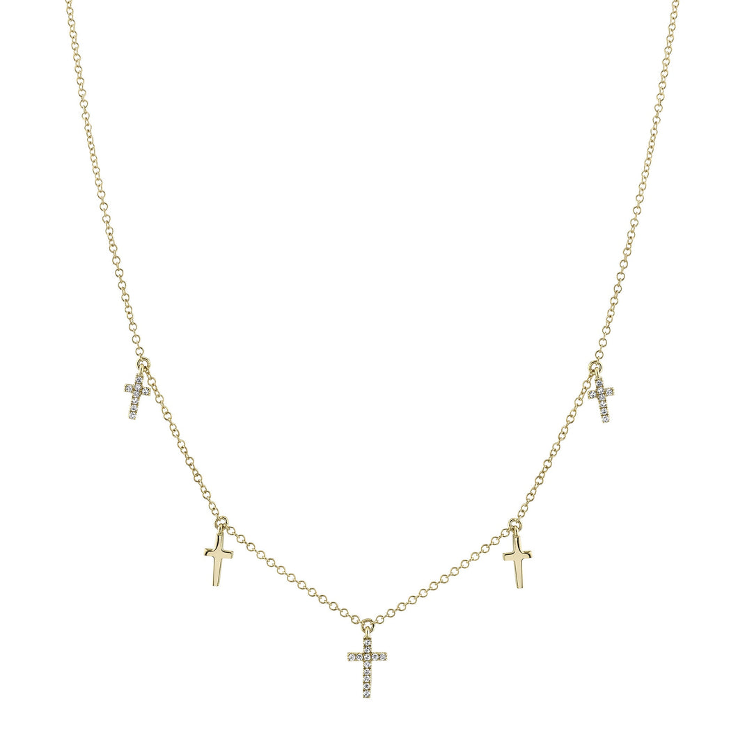 Shy Creation 1/10ctw Diamond Cross Station Yellow Gold Necklace