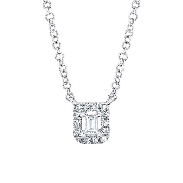 Shy Creation 1/20ctw Baguette and Round Diamond White Gold Necklace