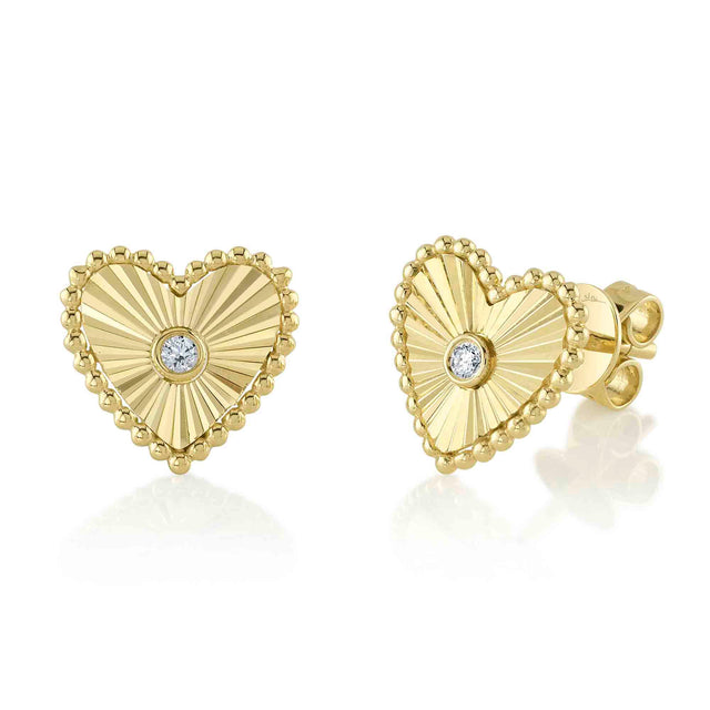 Shy Creation 1/20ctw Diamond Bezel Heart Yellow Gold Stud Earrings