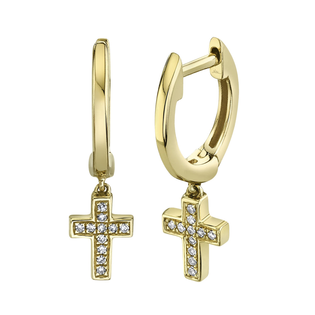 Shy Creation 1/20ctw Diamond Cross Charm Yellow Gold Huggie Hoop Earrings