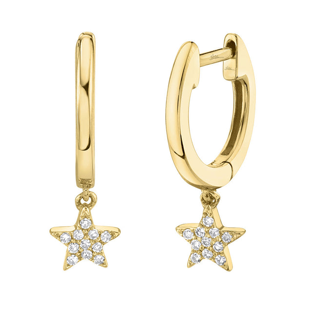 Shy Creation 1/20ctw Diamond Star Yellow Gold Huggie Hoop Drop Earrings
