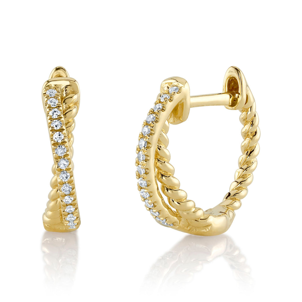 Shy Creation 1/20ctw Diamond Twisted Yellow Gold Huggie Hoop Earrings