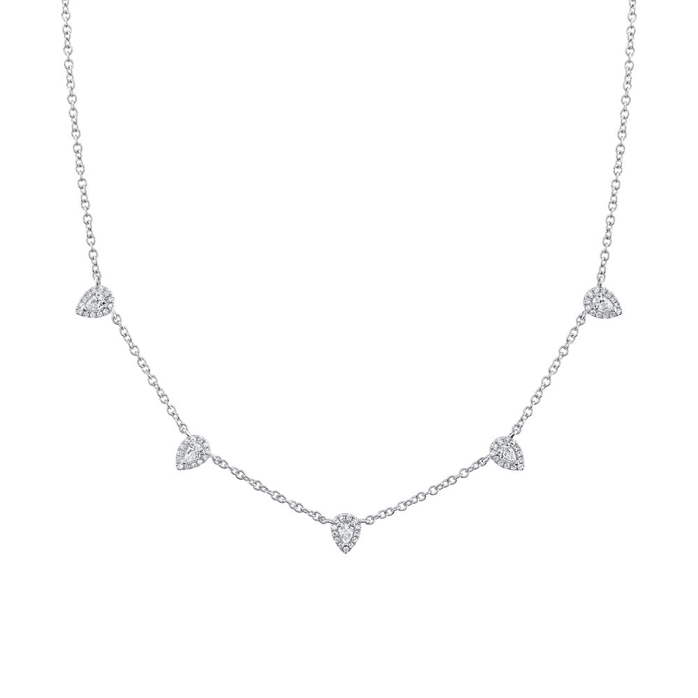 Shy Creation 1/2ctw Pear-Shaped Diamond Halo White Gold Station Necklace