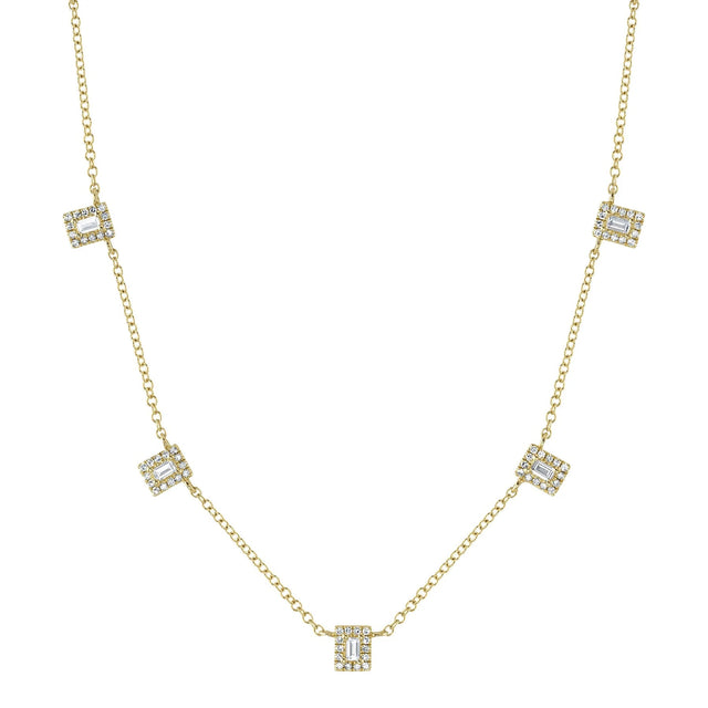 Shy Creation 1/4ctw Baguette and Round Diamond Yellow Gold Station Necklace