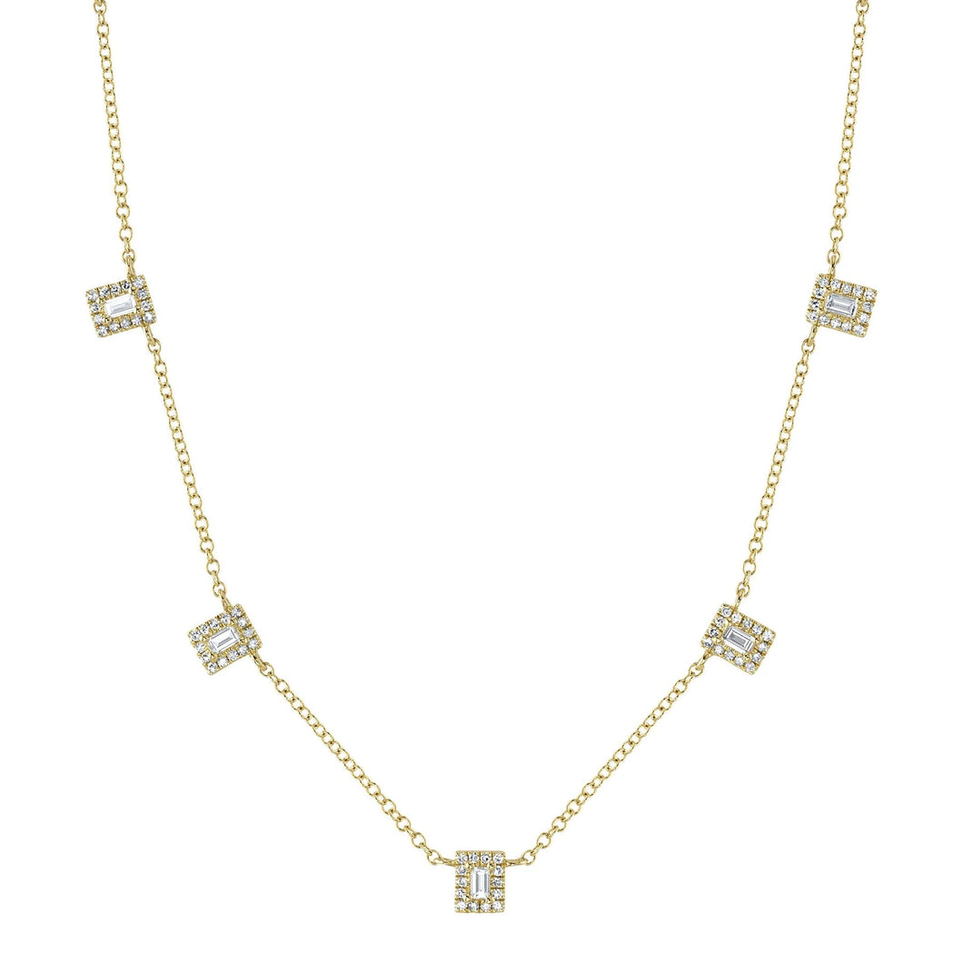 Shy Creation 1/4ctw Baguette and Round Diamond Yellow Gold Station Necklace