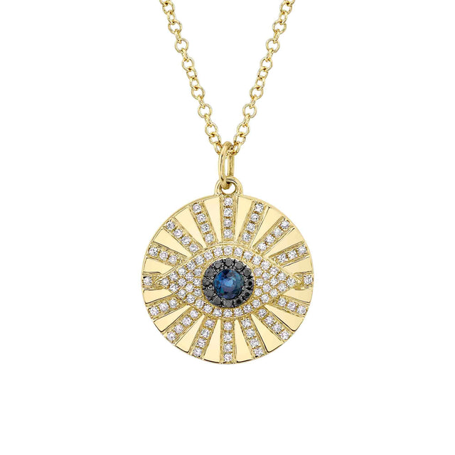 Shy Creation 1/4ctw Diamond, Treated Black Diamond, and Sapphire Evil Eye Yellow Gold Pendant Necklace