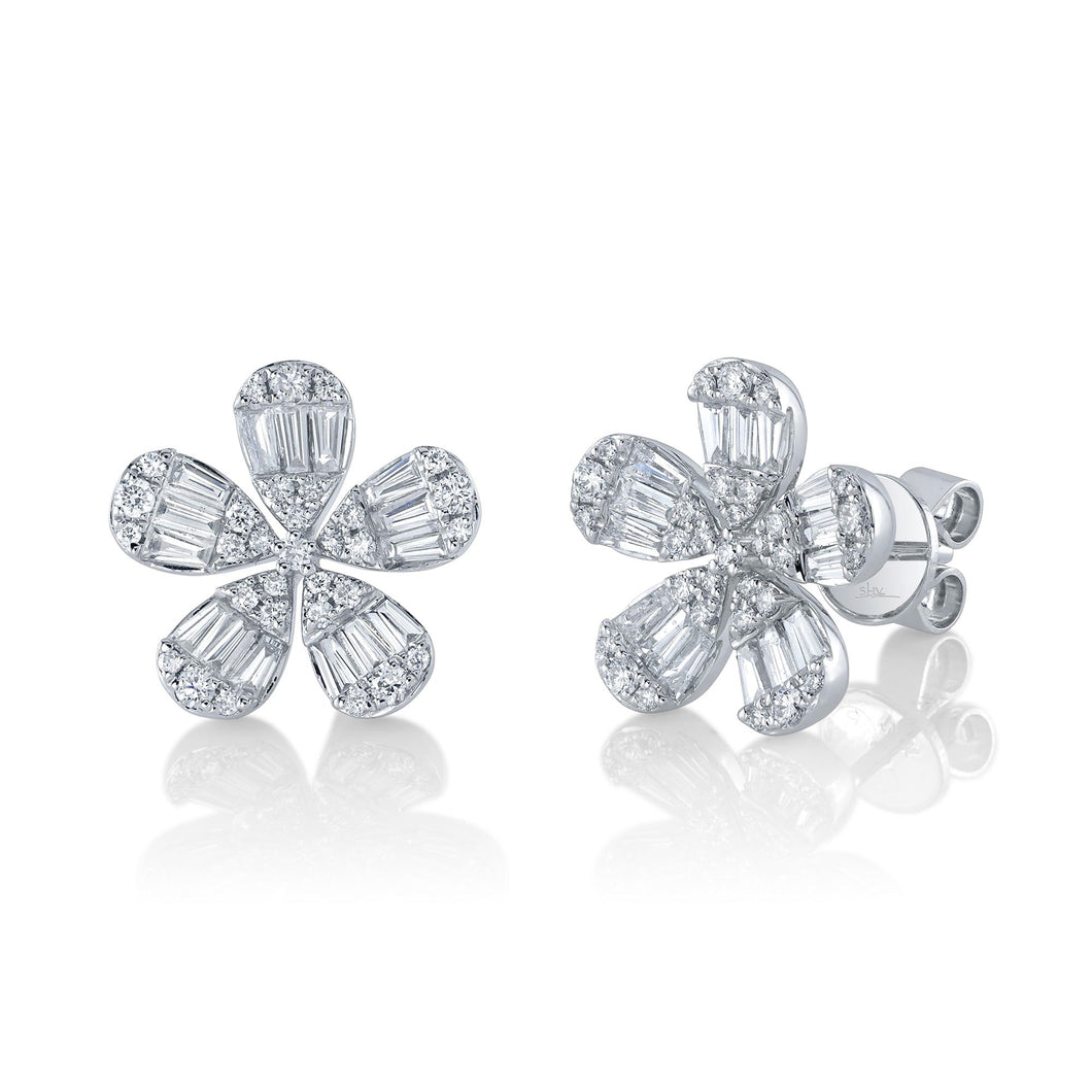 Shy Creation 1ctw Baguette and Round Diamond White Gold Flower Stud Earrings