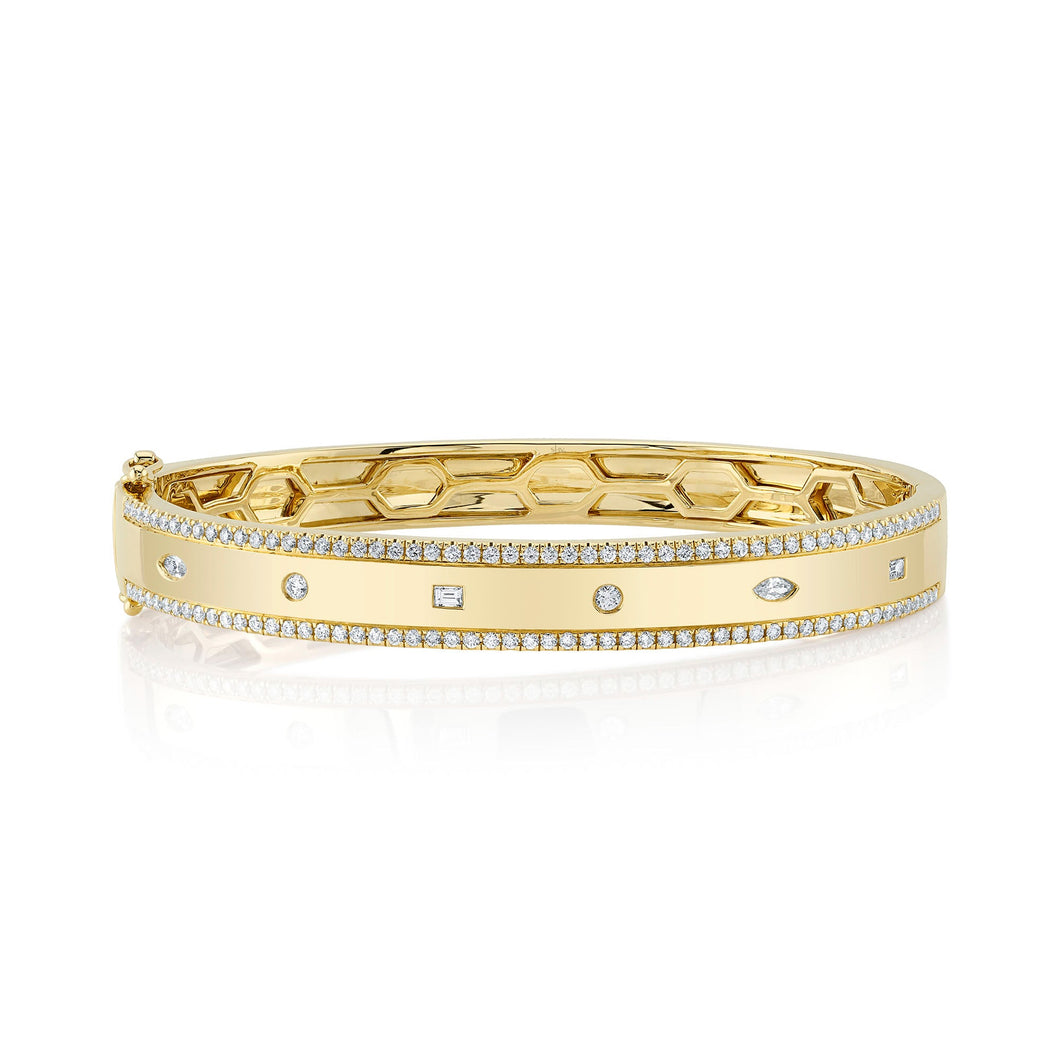 Shy Creation 1ctw Diamond Yellow Gold Baguette Marquise Bangle Bracelet