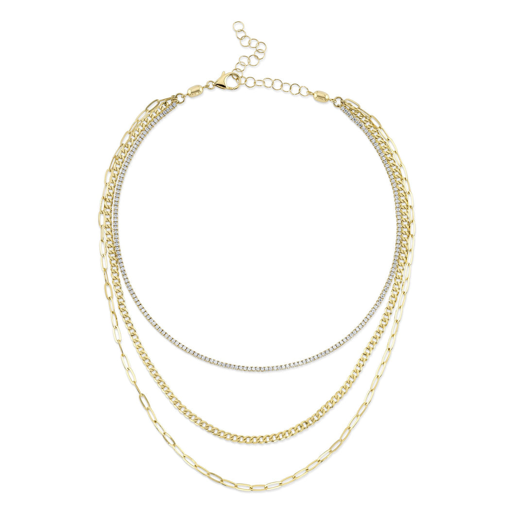 Shy Creation 3 1/8ctw Diamond Yellow Gold Triple Layer Necklace