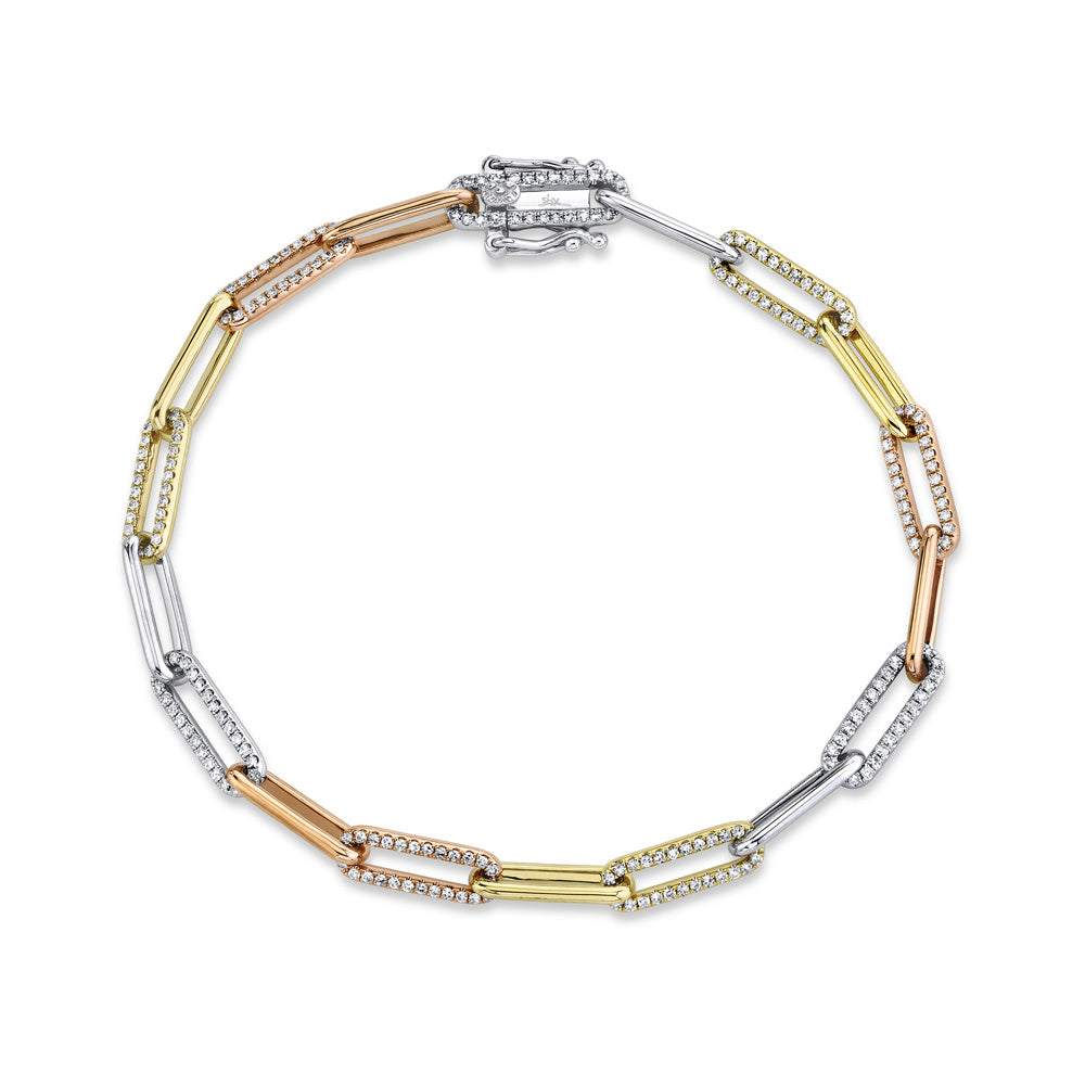 Shy Creation 3/4ctw Diamond Tri-Tone Gold Paperclip Link Bracelet