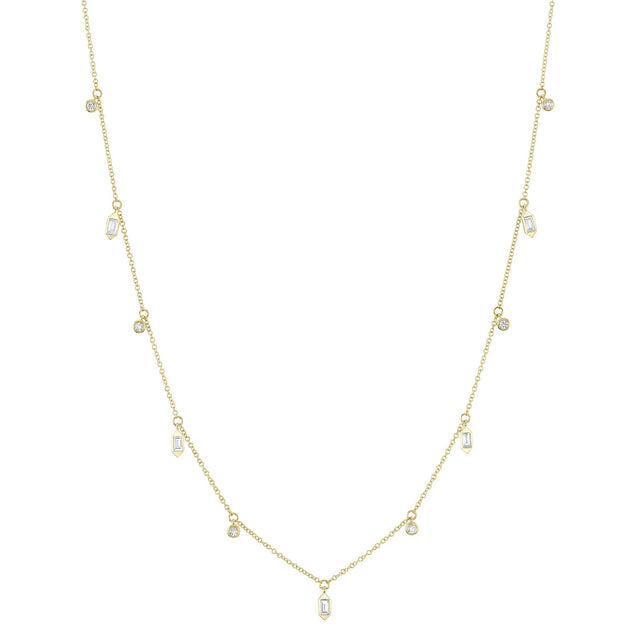 Shy Creation 3/8ctw Baguette and Round Diamond Yellow Gold Dangle Bezel Necklace