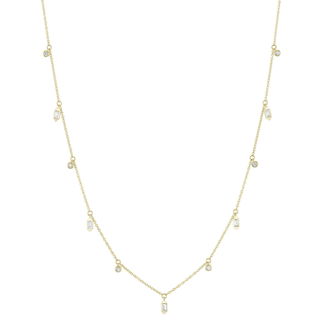 Shy Creation 3/8ctw Baguette and Round Diamond Yellow Gold Dangle Bezel Necklace
