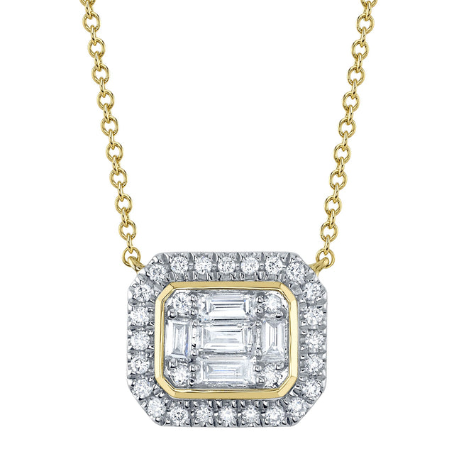 Shy Creation 3/8ctw Baguette and Round Diamond Yellow Gold Necklace