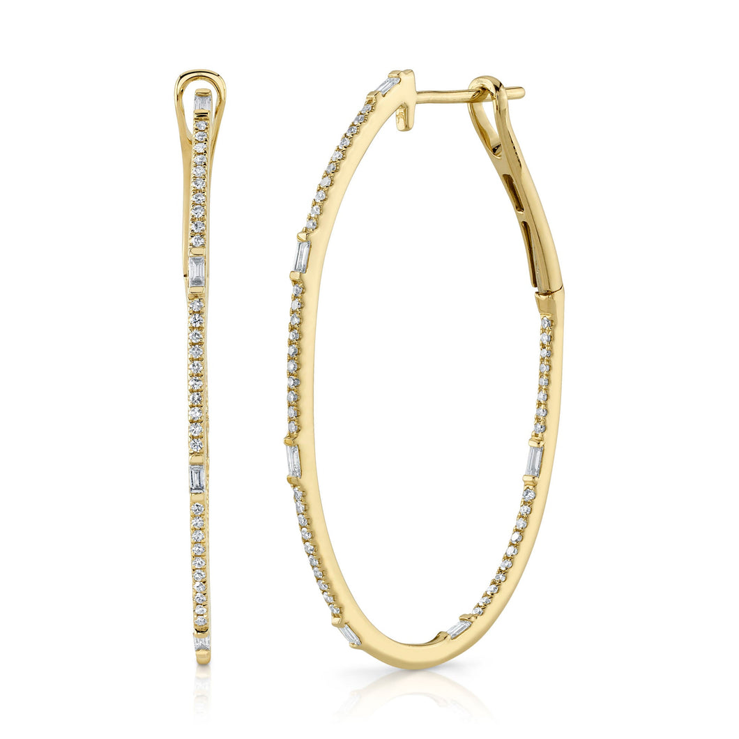 Shy Creation 3/8ctw Baguette and Round Diamond Yellow Gold Oval Hoop Earrings