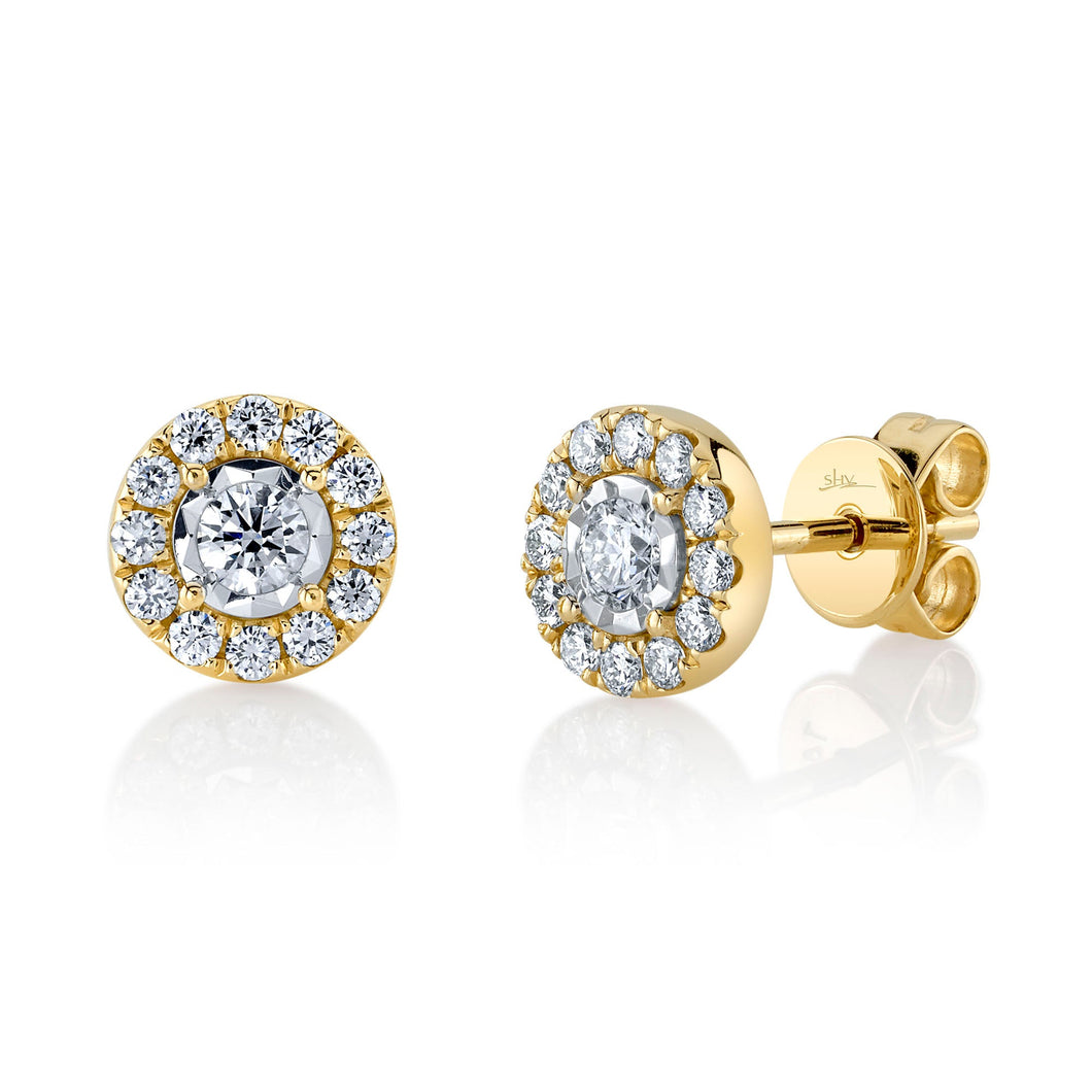 Shy Creation 3/8ctw Diamond Halo Yellow Gold Stud Earrings