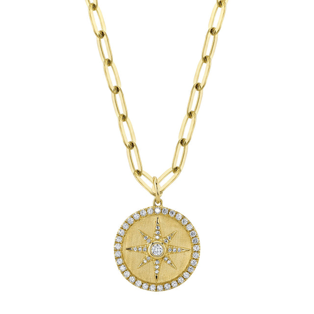 Shy Creation 3/8ctw Diamond Starburst Medallion Yellow Gold Paperclip Link Necklace