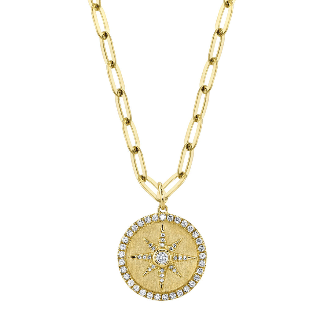 Shy Creation 3/8ctw Diamond Starburst Medallion Yellow Gold Paperclip Link Necklace