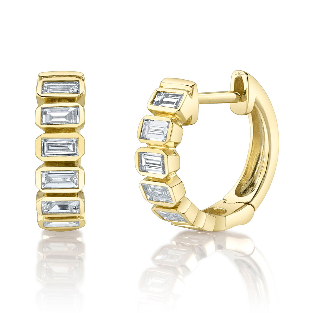 Shy Creation 5/8ctw Baguette Diamond Yellow Gold Huggie Hoop Earrings