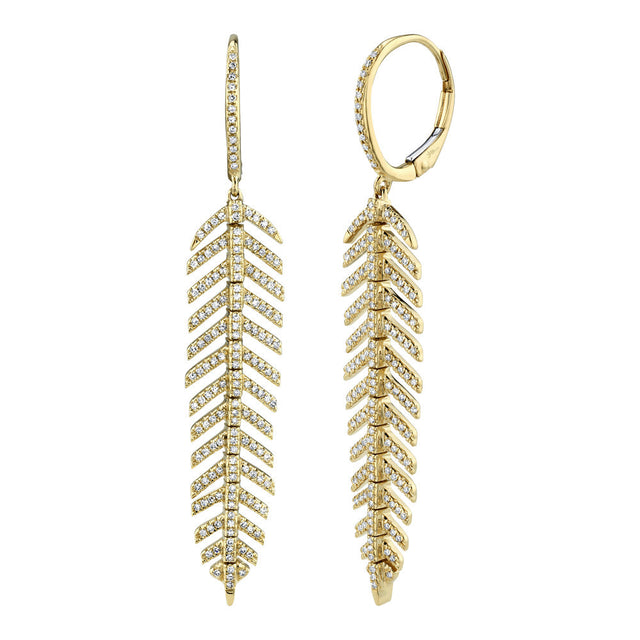 Shy Creation 5/8ctw Diamond Feather Yellow Gold Drop Earrings