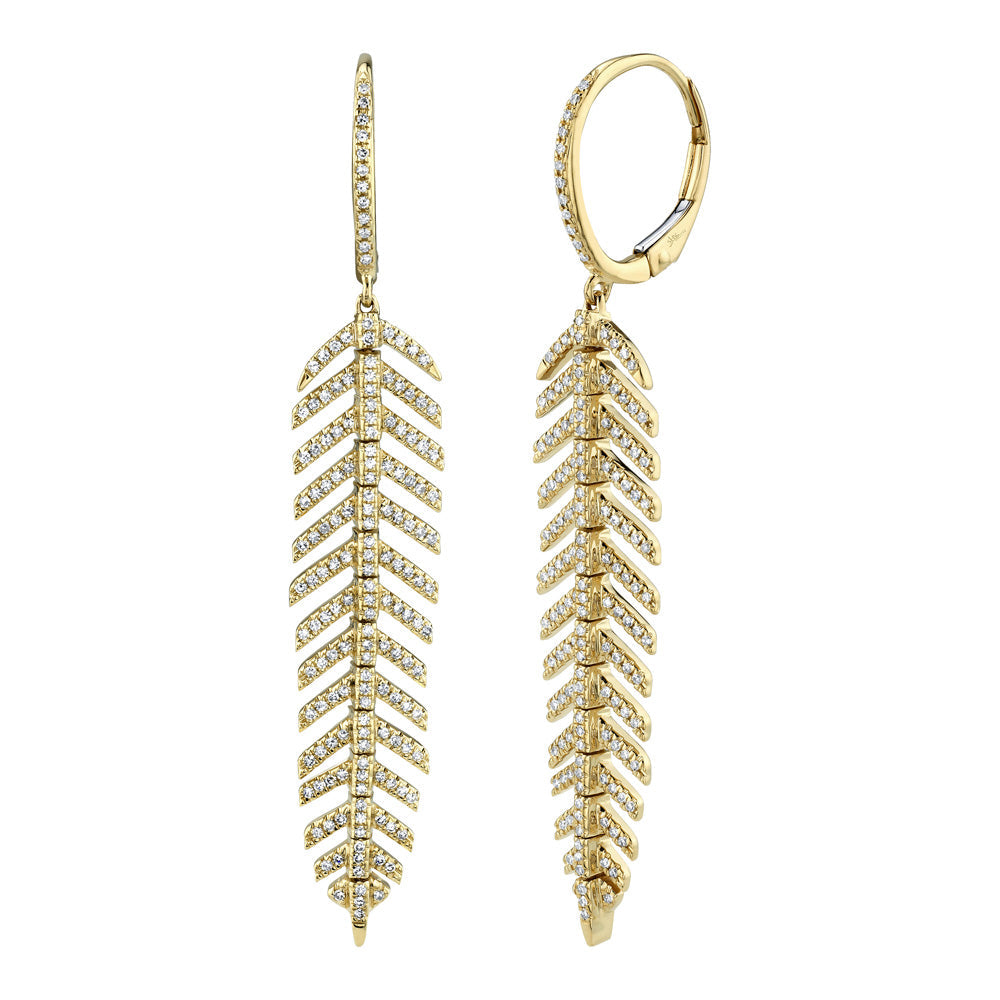 Shy Creation 5/8ctw Diamond Feather Yellow Gold Drop Earrings