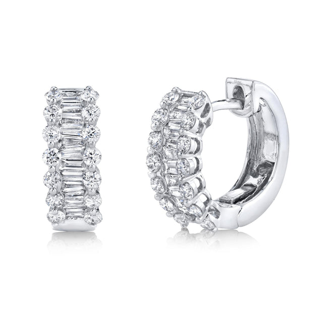Shy Creation Baguette Diamond Huggie Hoop White Gold Earrings 1 1/8ctw