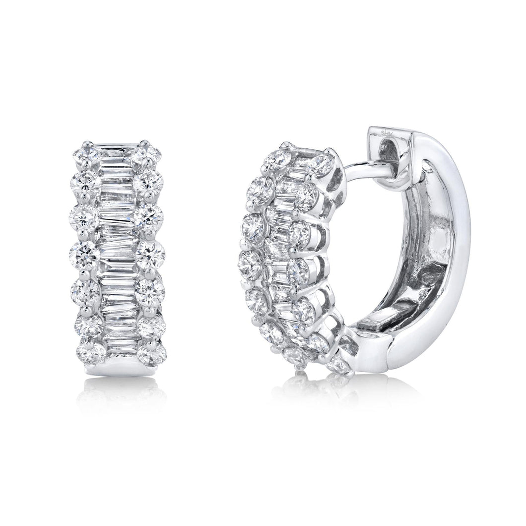 Shy Creation Baguette Diamond Huggie Hoop White Gold Earrings 1 1/8ctw