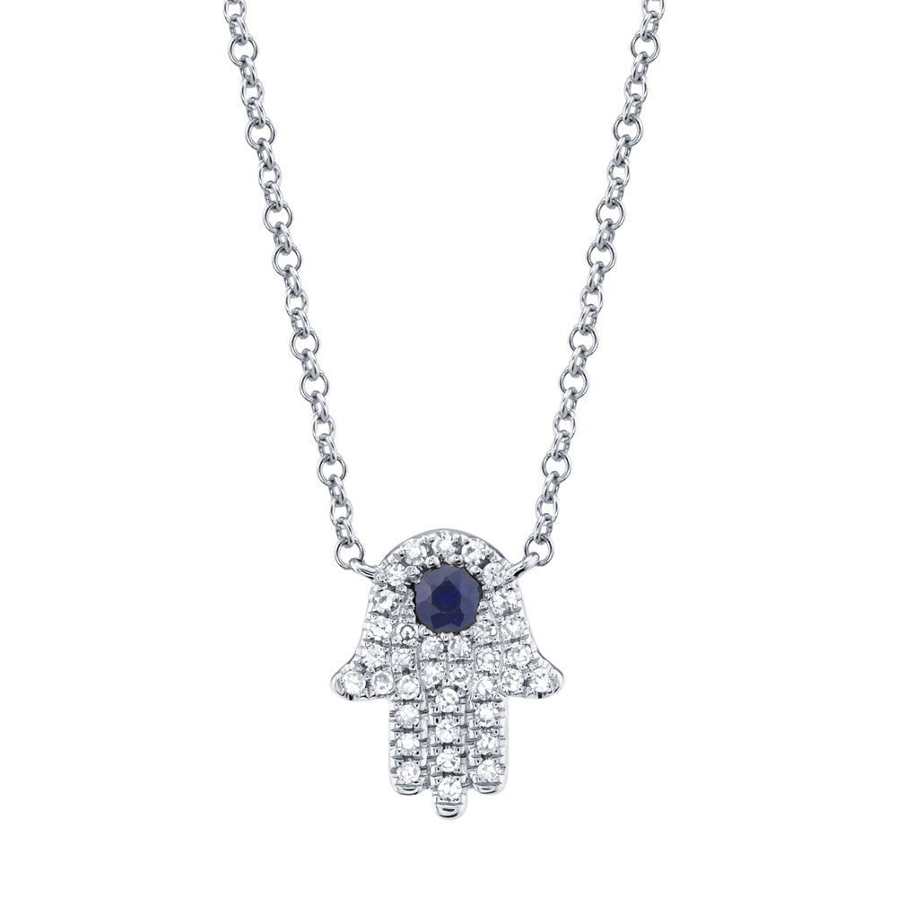 Shy Creation Blue Sapphire and 1/10ctw Diamond Hamsa White Gold Necklace