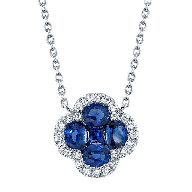 Shy Creation Blue Sapphire and 1/6ctw Diamond White Gold Clover Necklace