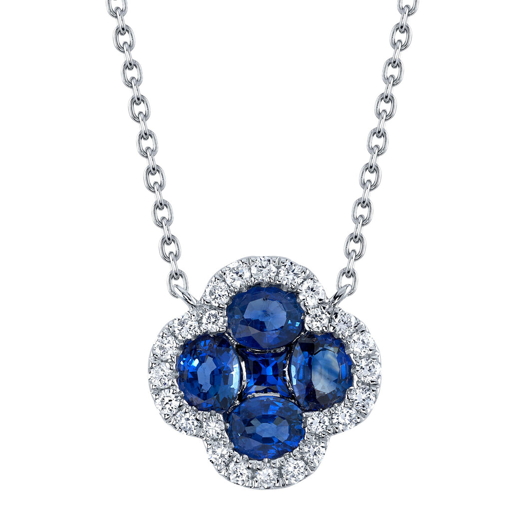 Shy Creation Blue Sapphire and 1/6ctw Diamond White Gold Clover Necklace