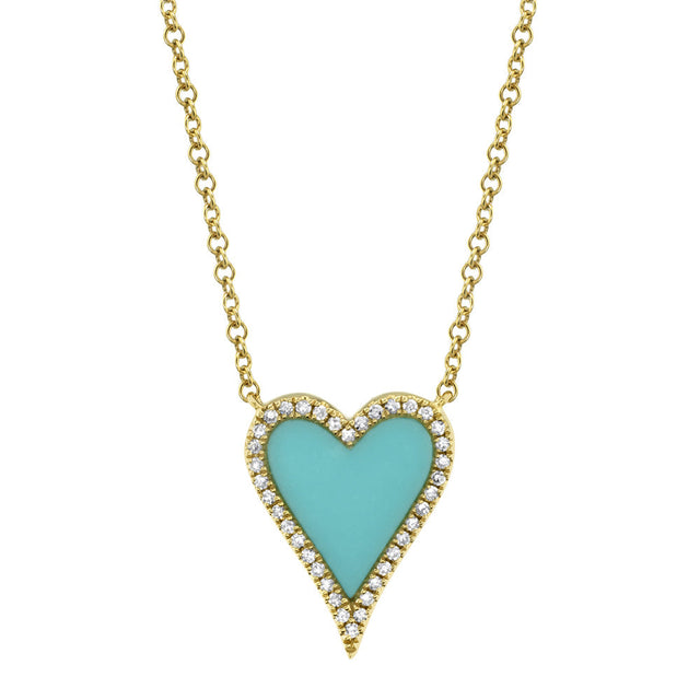 Shy Creation Composite Turquoise and 1/10ctw Diamond Heart Yellow Gold Necklace