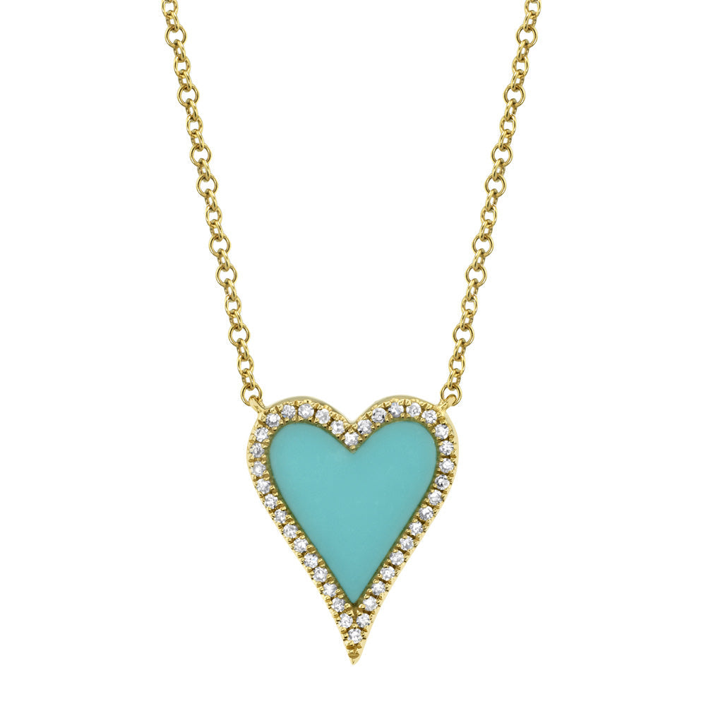 Shy Creation Composite Turquoise and 1/10ctw Diamond Heart Yellow Gold Necklace