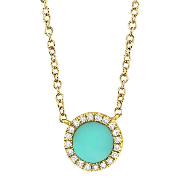 Shy Creation Composite Turquoise and 1/20ctw Diamond Circle Yellow Gold Necklace
