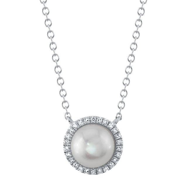Shy Creation Freshwater Cultured Pearl and 1/15ctw Diamond White Gold Pendant Necklace