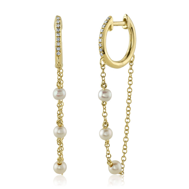 Shy Creation Freshwater Cultured Pearl and 1/20ctw Diamond Yellow Gold Chain Drop Hoop Earrings