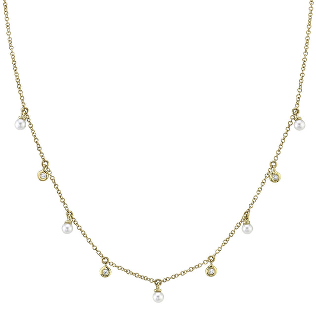 Shy Creation Freshwater Cultured Pearl and 1/20ctw Diamond Yellow Gold Station Necklace