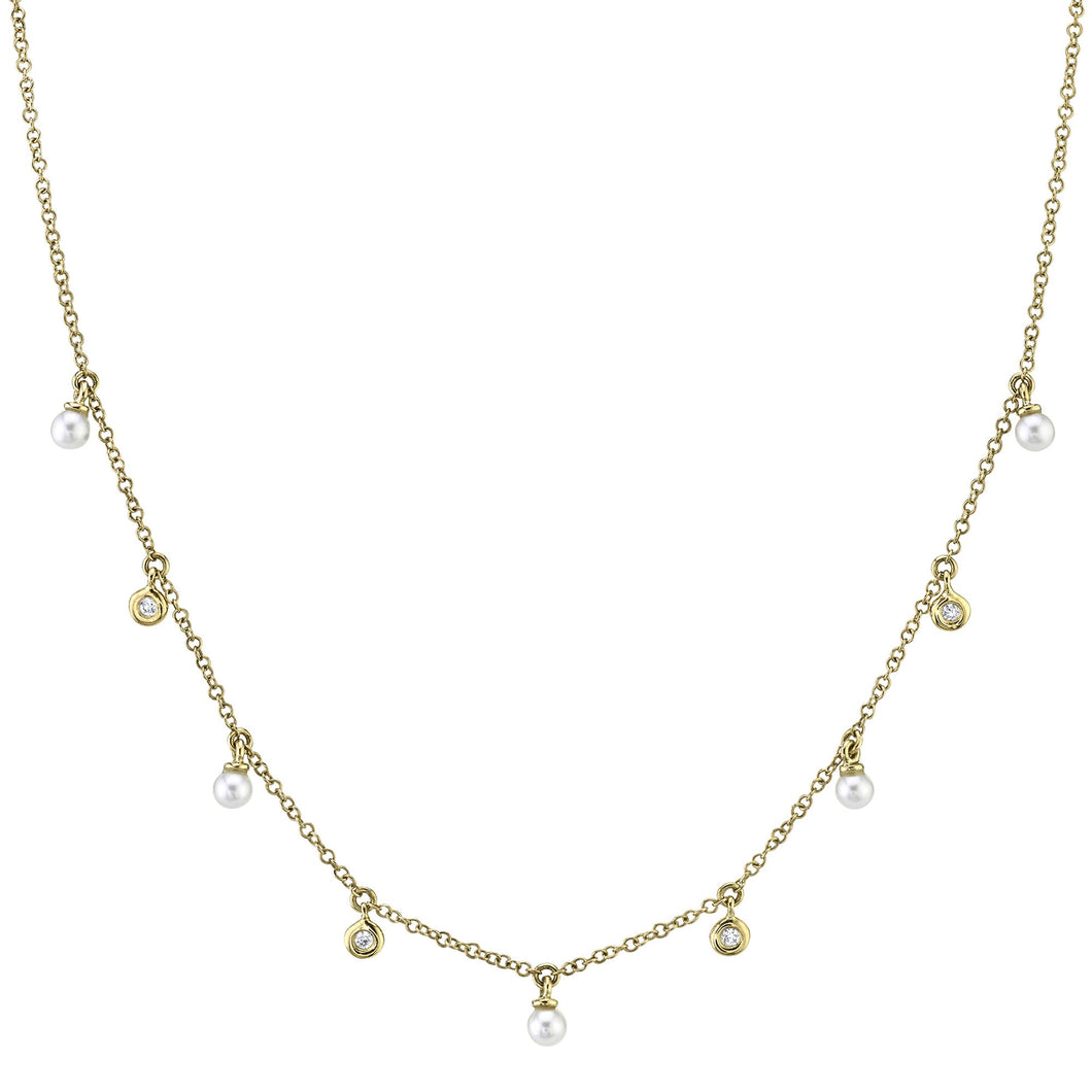 Shy Creation Freshwater Cultured Pearl and 1/20ctw Diamond Yellow Gold Station Necklace