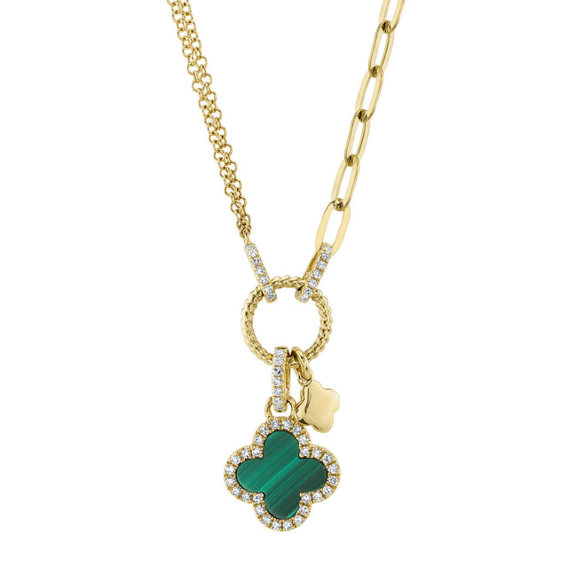 Shy Creation Malachite and 1/8ctw Diamond Clover Yellow Gold Necklace