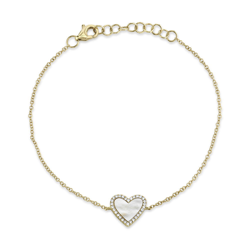 Shy Creation Mother-of-Pearl and 1/10ctw Round Diamond Yellow Gold Heart Bracelet