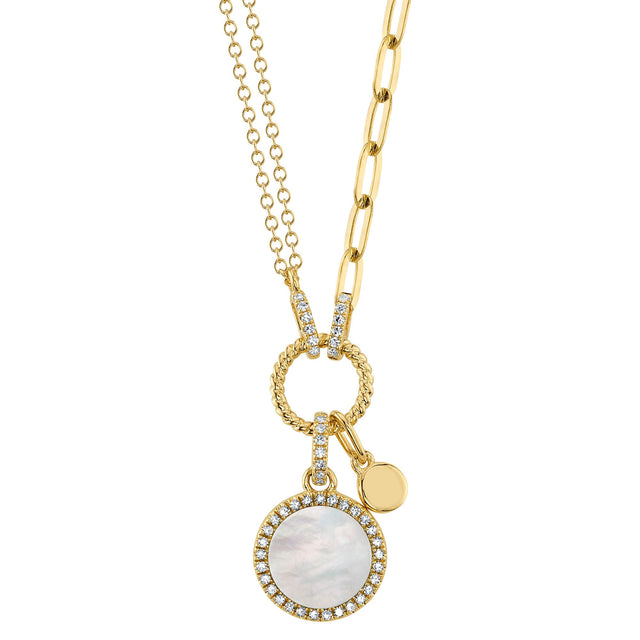 Shy Creation Mother-of-Pearl and 1/8ctw Diamond Circle Yellow Gold Necklace