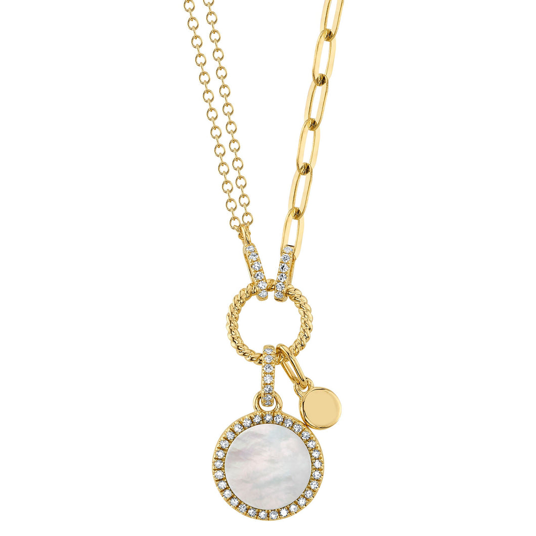 Shy Creation Mother-of-Pearl and 1/8ctw Diamond Circle Yellow Gold Necklace