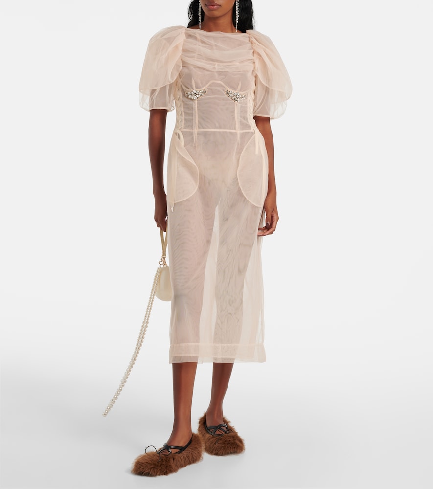Simone Rocha Embellished ruched mesh midi dress