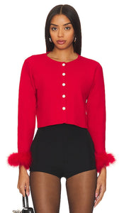 Sleeper Cardigan With Detachable Feathers in Red - Cardigan dormeur avec plumes amovibles en rouge - 红色羽毛可拆卸睡衣开衫 - Sleeper-Cardigan mit abnehmbaren Federn in Rot - 탈부착 가능한 깃털 슬리퍼 가디건(레드 컬러) - Cardigan dormiente con piume staccabili in rosso