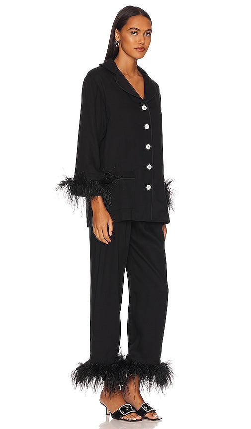 Sleeper Party Pajama Set with Double Feathers in Black