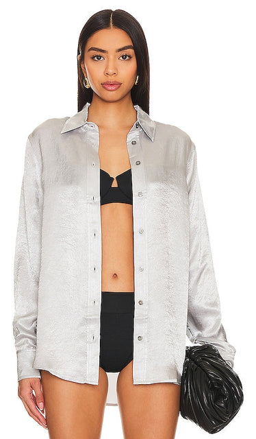Solid & Striped Oxford Tunic in Metallic Silver - Tunique Oxford unie et rayée en argent métallisé - 金属银纯色条纹牛津长袍 - Solide und gestreifte Oxford-Tunika in Metallic-Silber - 메탈릭 실버 소재의 솔리드 & 스트라이프 옥스포드 튜닉 - Tunica Oxford tinta unita e rigata in argento metallizzato